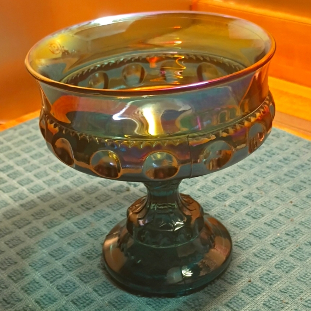 Vintage Blue Iridescent Carnival Glass King's Crown Candy Dish/Compote